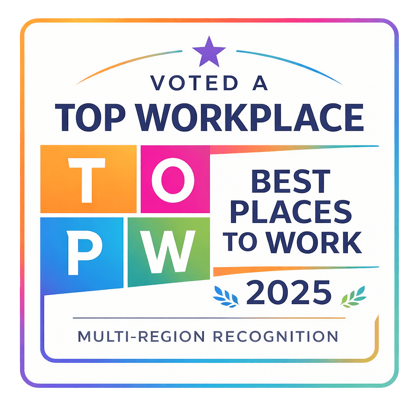 Colorful badge stating "Voted a Top Workplace Best Places to Work 2025, Multi-Region Recognition" with geometric blocks and a purple star.
