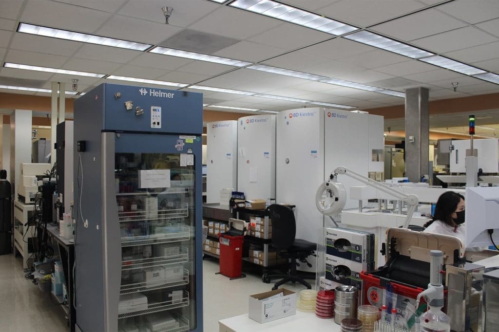 A laboratory with scientific equipment, storage units, and a person wearing a mask working at a desk; petri dishes and supplies are visible in the foreground.