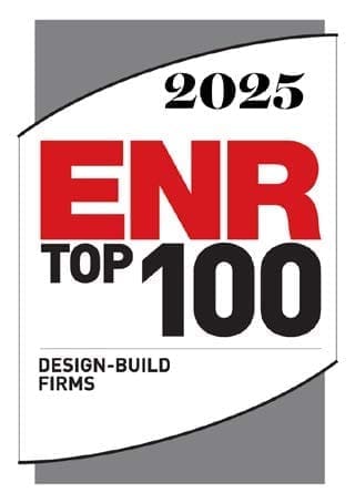2025 ENR Top 100 Design-Build Firms badge with bold red and black text on a gray and white background.