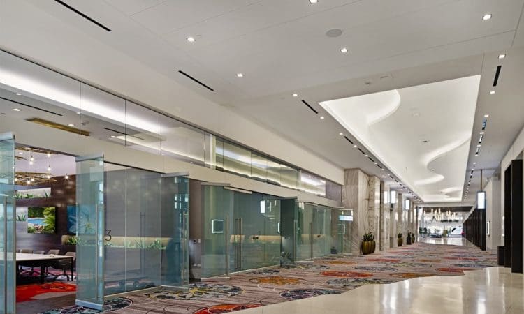 Modern hallway with glass-walled meeting rooms on the left, colorful patterned carpet, white ceiling with recessed lighting, and contemporary decor.