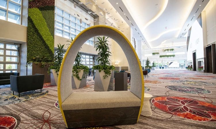 Spacious lobby with patterned carpet, modern seating, large windows, indoor plants, and a curved bench in the foreground.