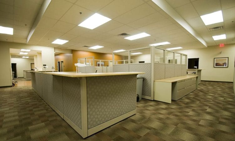 Modern office space with cubicles, overhead lighting, carpeted floor, and neutral-colored walls; no people are present.