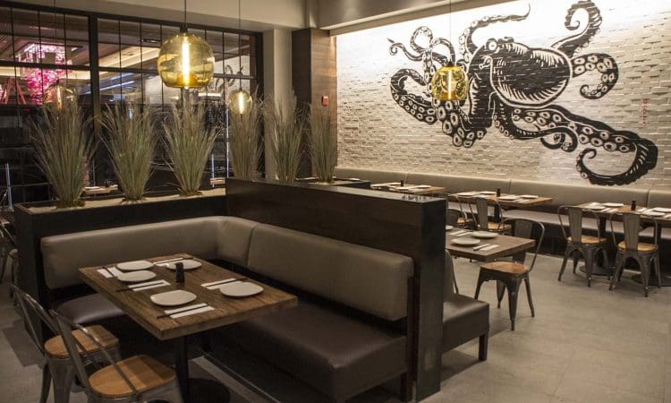 Modern restaurant interior with wooden tables, cushioned benches, pendant lights, and a large black octopus mural on a white textured wall. Tables are set with plates and utensils.