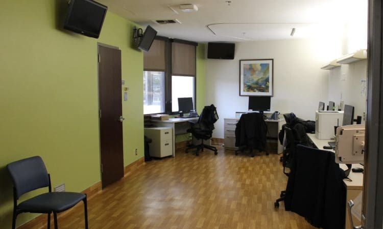 Office space with green walls, wood flooring, desks with computers and chairs, wall-mounted monitors, and a framed picture on the wall.