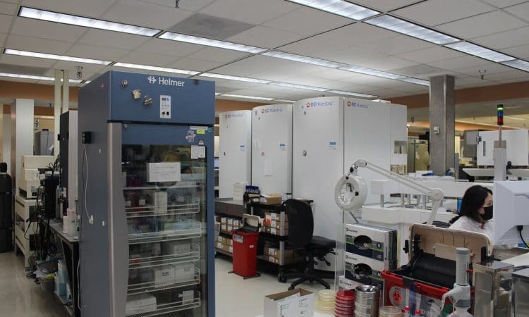 A laboratory with scientific equipment, storage units, and a person wearing a mask working at a desk; petri dishes and supplies are visible in the foreground.