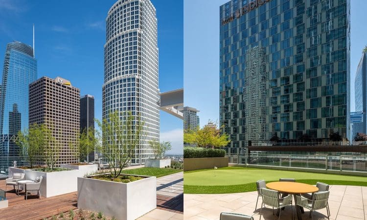 Two rooftop terraces with seating areas and planter boxes, overlooking modern high-rise office buildings under a clear blue sky.