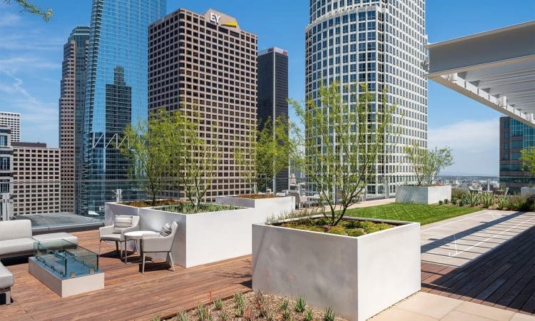 A rooftop terrace with modern seating, planters, and green landscaping overlooks tall office buildings in a city skyline on a clear day.
