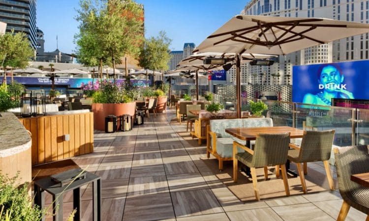 Outdoor rooftop dining area with wooden tables, cushioned chairs, large umbrellas, plants, and city buildings in the background under clear skies.