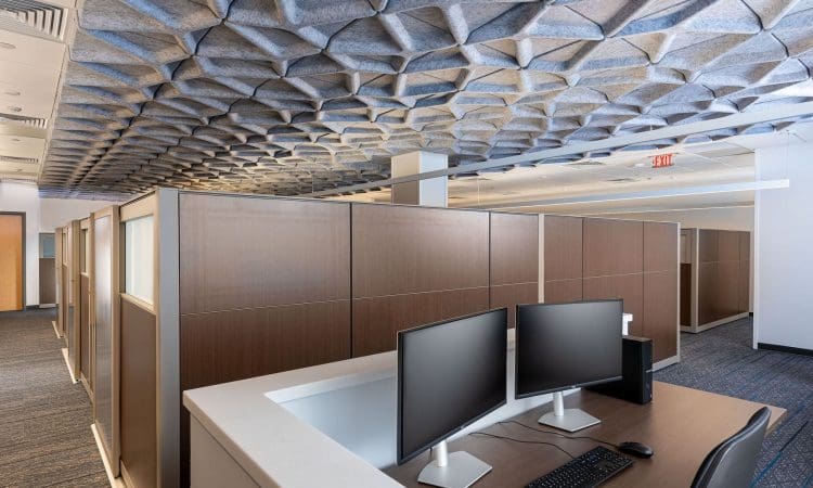 Modern office space with wood-paneled cubicles, dual computer monitors on a desk, and a geometric acoustic ceiling design.