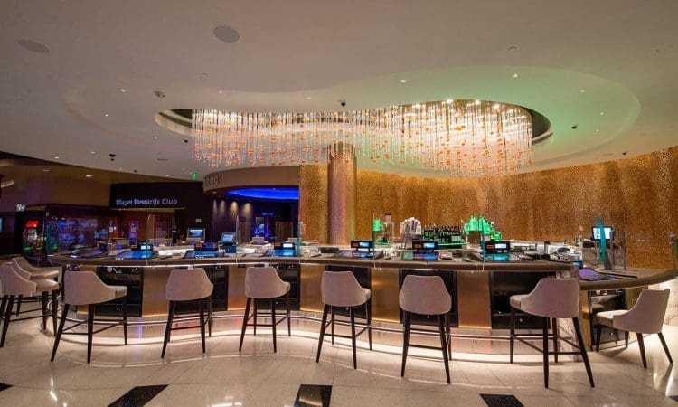 Modern bar with a curved counter, high chairs, overhead decorative lighting, and illuminated shelves behind the bar; Player Rewards Club sign visible in the background.