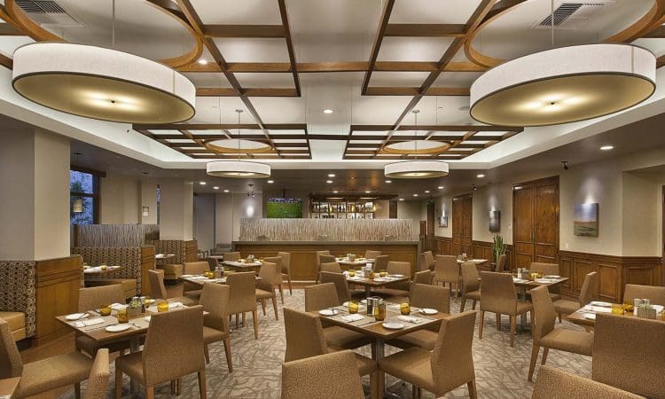 A modern restaurant dining area with wooden tables, cushioned chairs, neutral decor, and large circular ceiling lights. Tables are set with plates, cups, and condiments.