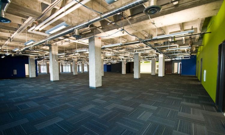 Large empty office space with exposed concrete ceiling, visible ductwork, carpeted floor, and pillars. One wall is painted green, the others are dark blue. Natural light enters through windows.